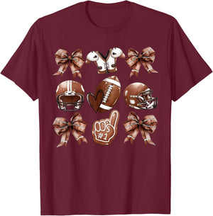 Coquette Bow Football Player American Football Season Funny T-Shirt - T-Shirt | Maroon