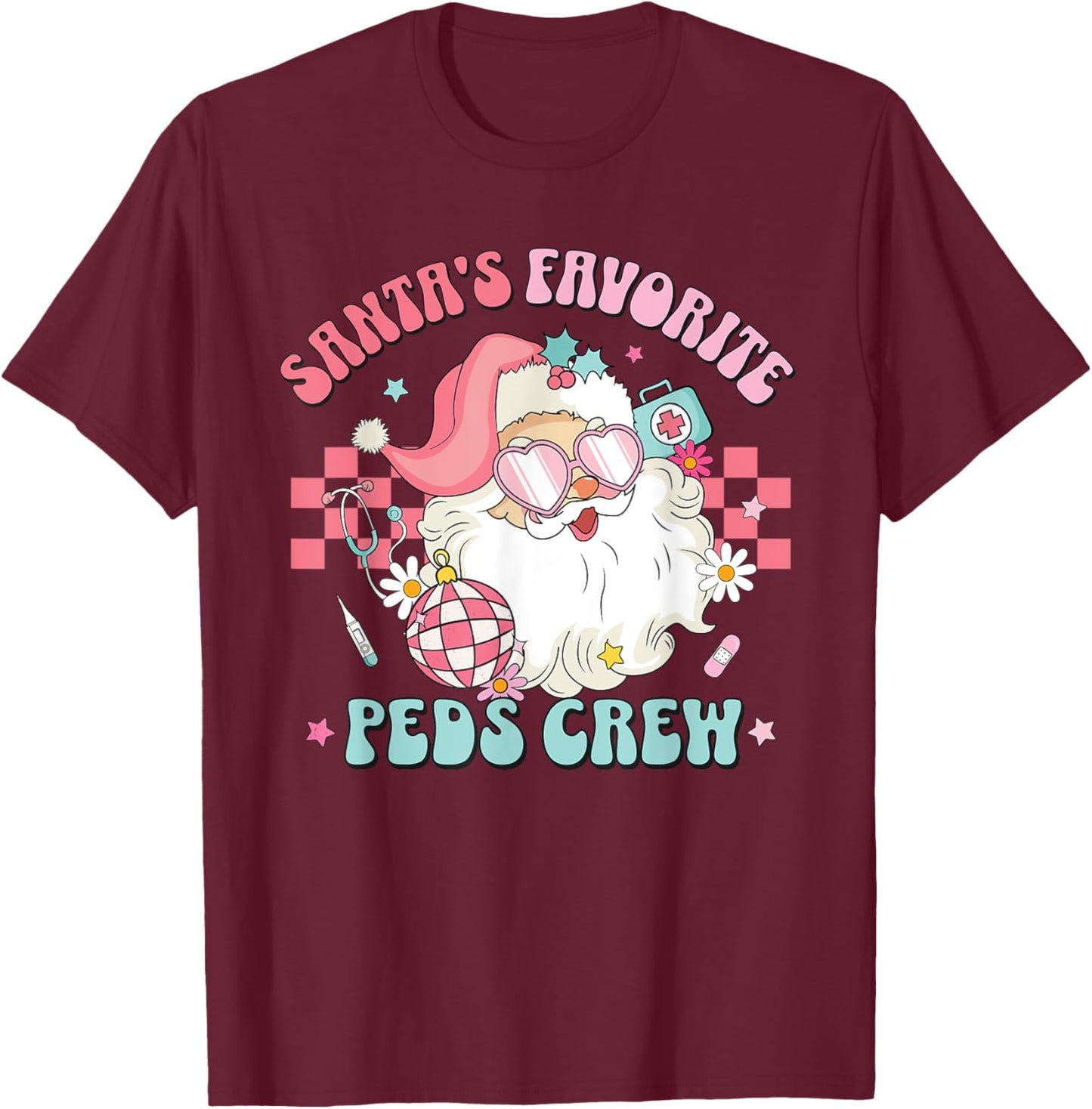 Retro Pink Christmas Santa's Favorite PEDS Nurse Pediatrics T-Shirt - T-Shirt | Maroon