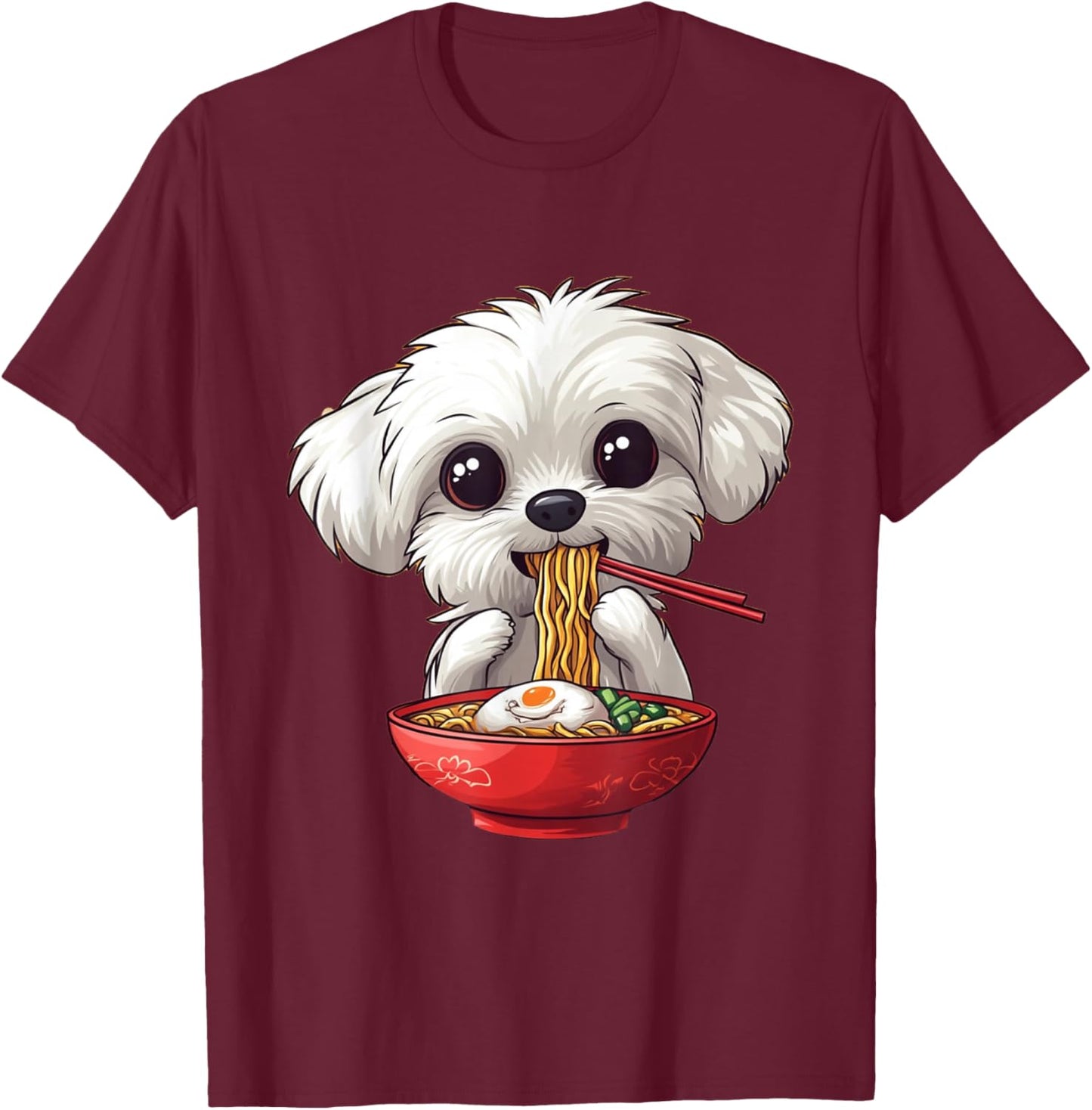 Cute Maltese Dog Eating Ramen Men Women Boys Girls T-Shirt - T-Shirt | Maroon
