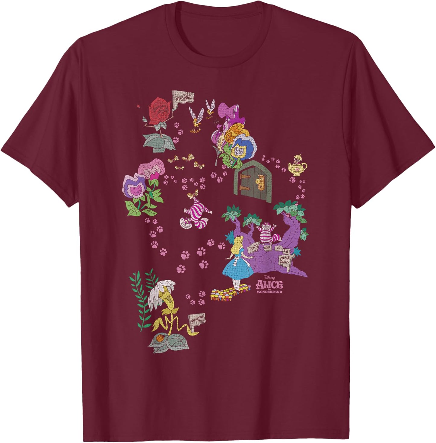 Disney Alice in Wonderland Cheshire Cat Paw Prints Map Small T-Shirt - T-Shirt | Maroon