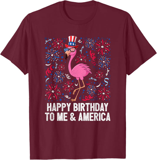 4th Of July Happy Birthday To Me And America Flag Flamingo T-Shirt - T-Shirt | Maroon