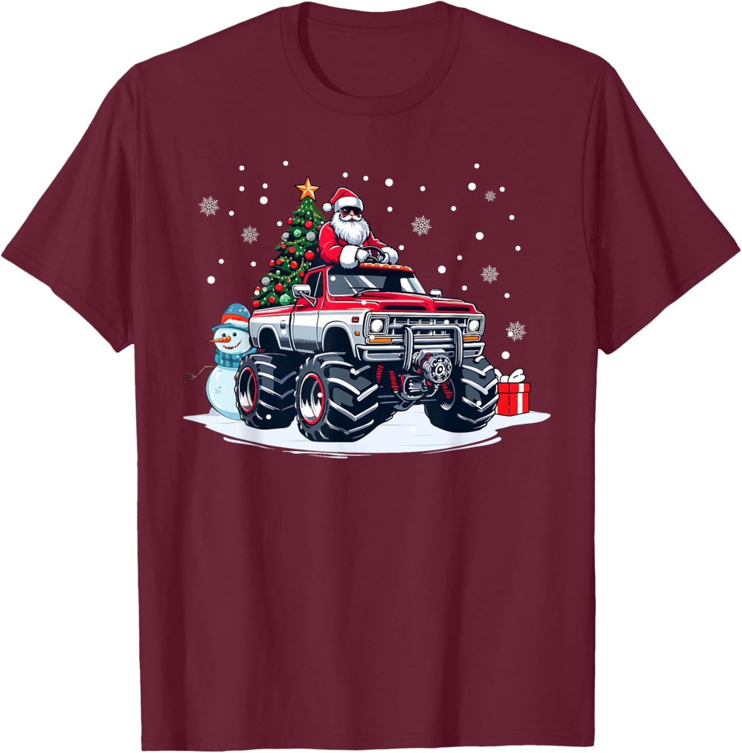 Funny Christmas Santa Monster Truck Youth Boys Kids T-Shirt - T-Shirt | Maroon