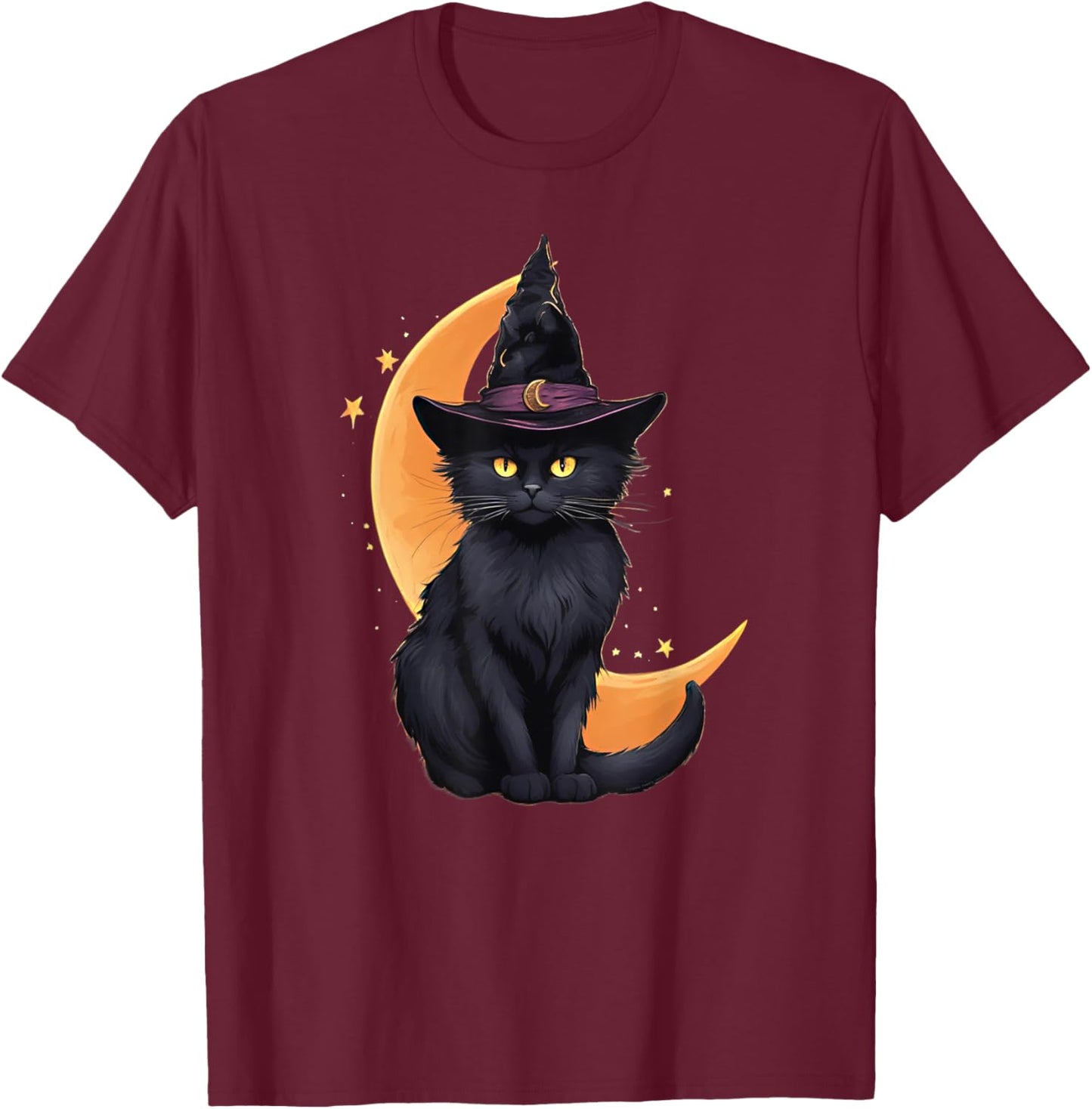 Black Cat Wearing Halloween Witch Hat Cat and Crescent Moon T-Shirt - T-Shirt | Maroon