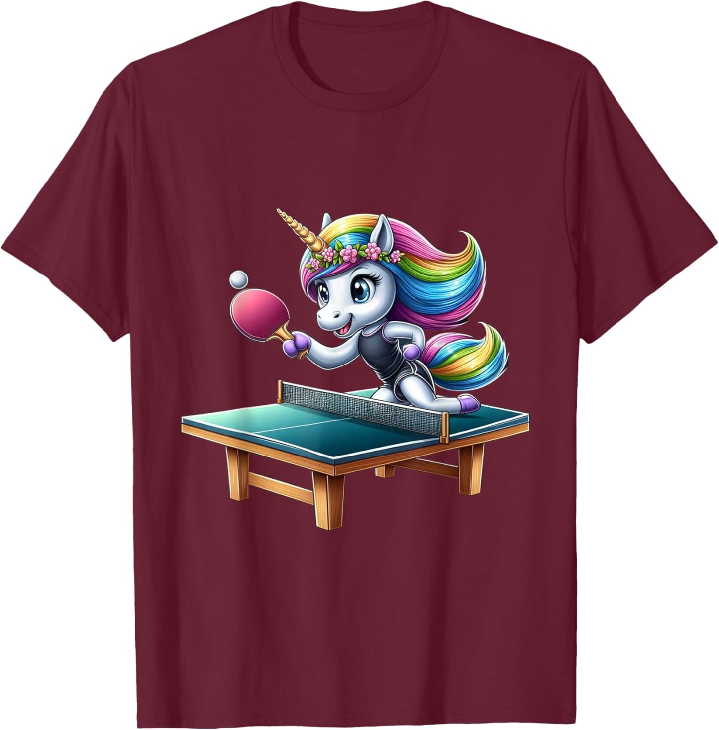 Unicorn Table Tennis Ping Pong Boys Girls Women Kids Teens T-Shirt - T-Shirt | Maroon