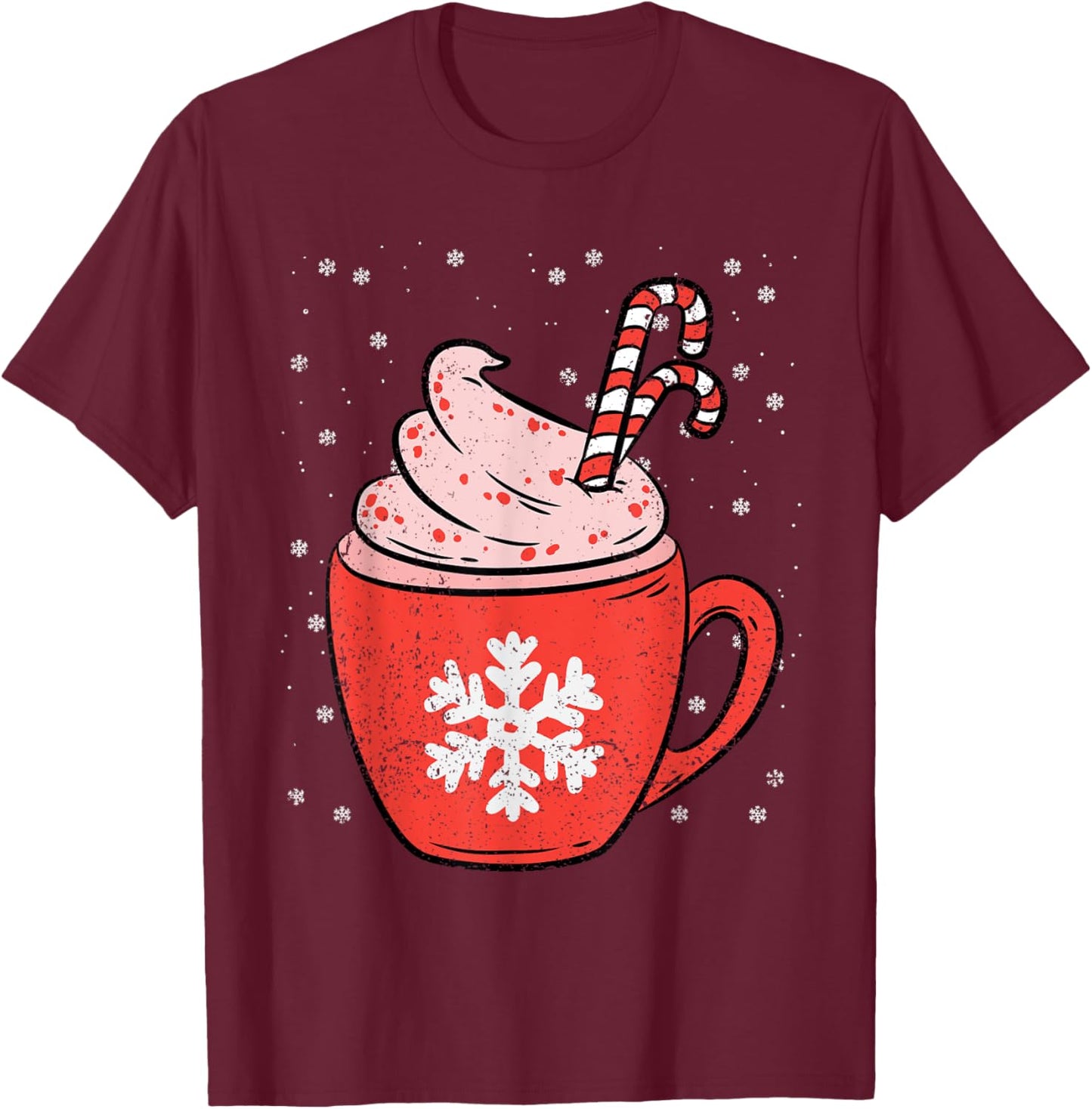 Coffee Candy Cane Christmas Pajama X-mas Snowflakes T-Shirt - T-Shirt | Maroon
