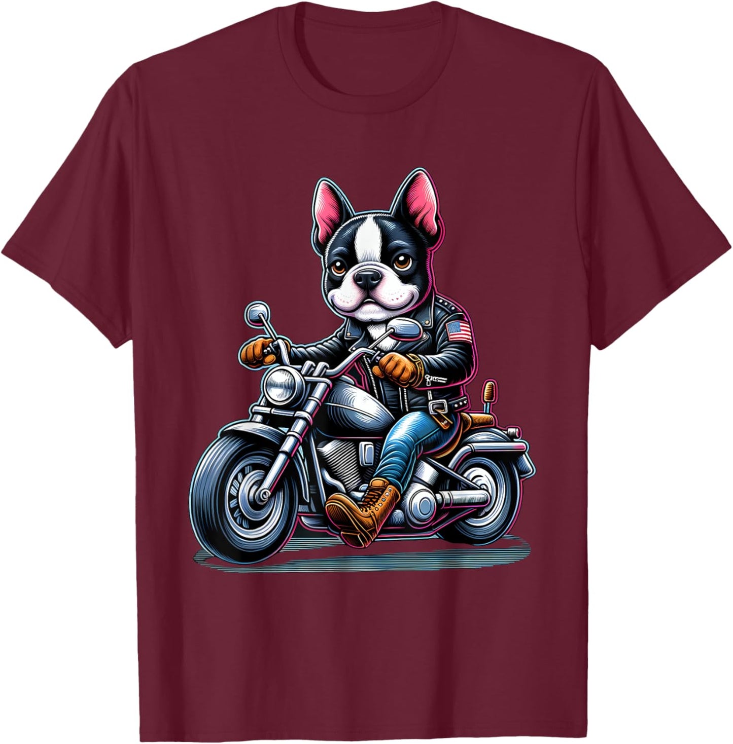 Biker Boston Terrier Dog Riding Motorbike T-Shirt - T-Shirt | Maroon