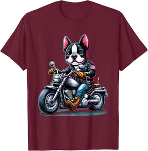 Biker Boston Terrier Dog Riding Motorbike T-Shirt - T-Shirt | Maroon