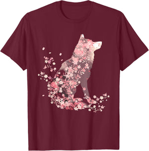 Wolf Lover Cherry Blossom Wolves Animal Wildlife T-Shirt - T-Shirt | Maroon