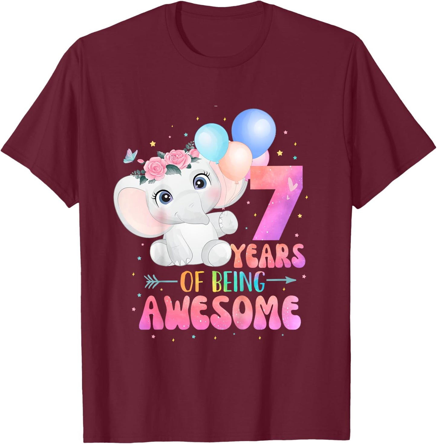 7 Years Of Being Awesome Cute Elephant 7th Birthday Girl T-Shirt - T-Shirt | Maroon