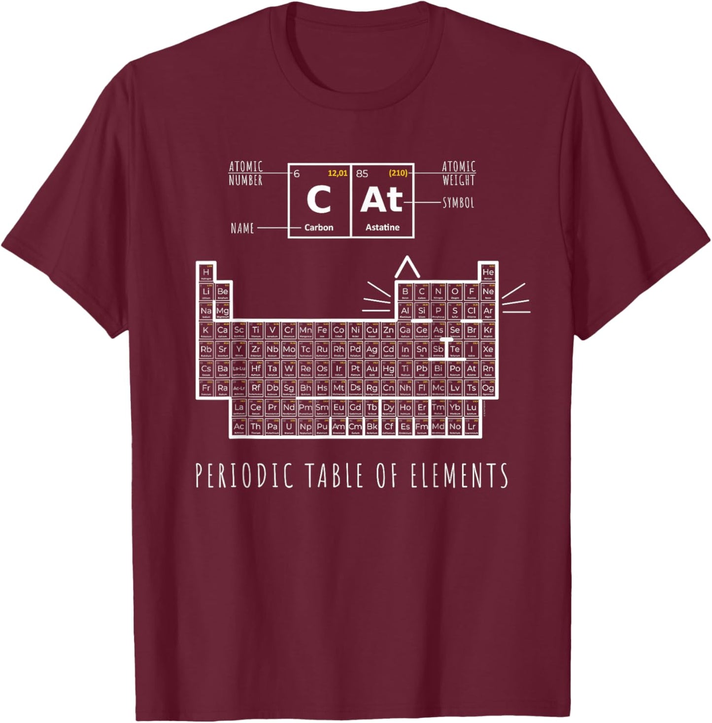 The Chemistry Cat, Periodic Table of Elements T-Shirt - T-Shirt | Maroon