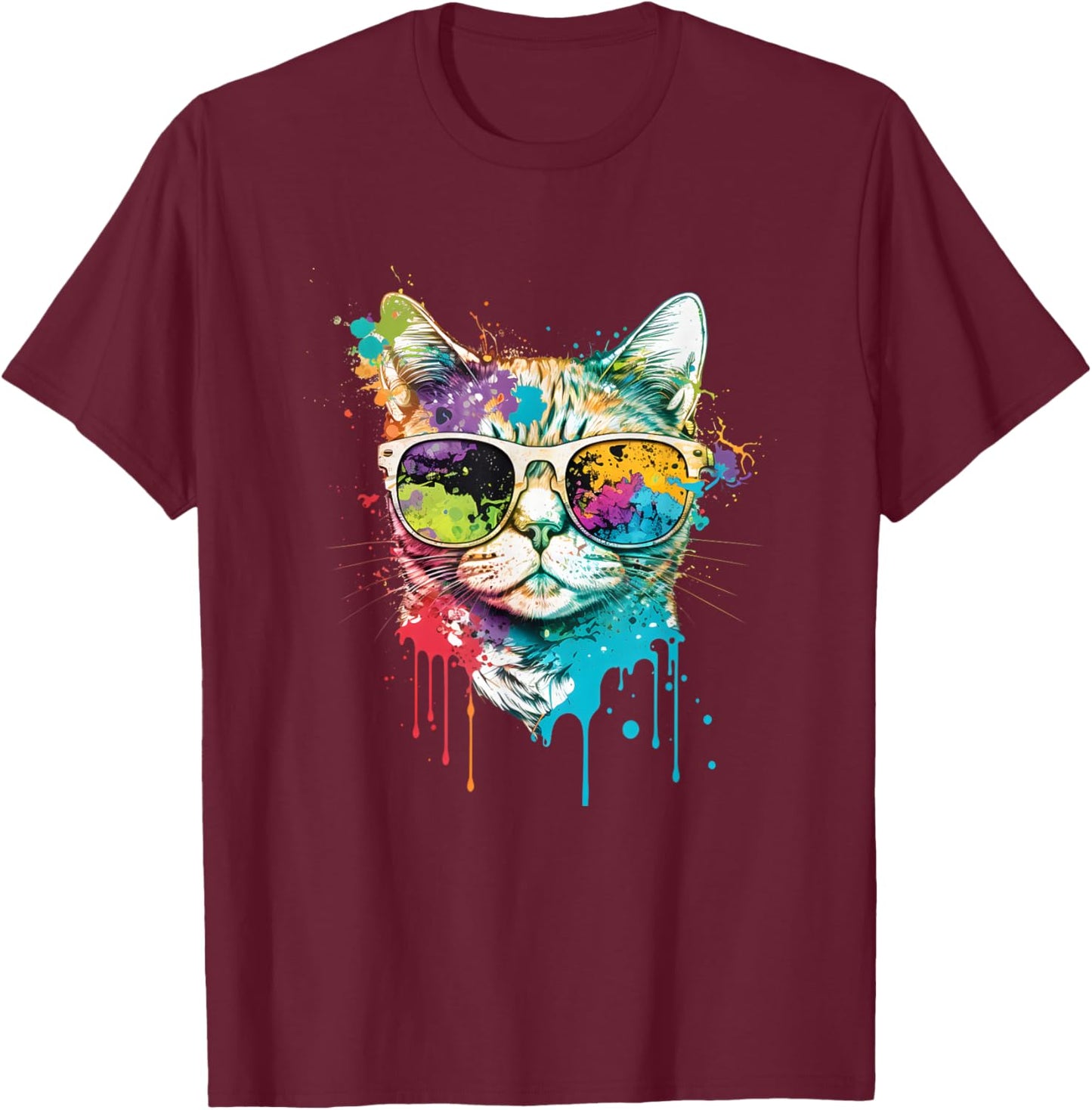 Colorful Cool Cat – Retro Sunglasses Streetwear Cat T-Shirt - T-Shirt | Maroon