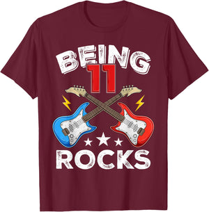 Being 11 Rocks Guitar 11 Year Old Funny 11th Birthday Kids T-Shirt - T-Shirt | Maroon