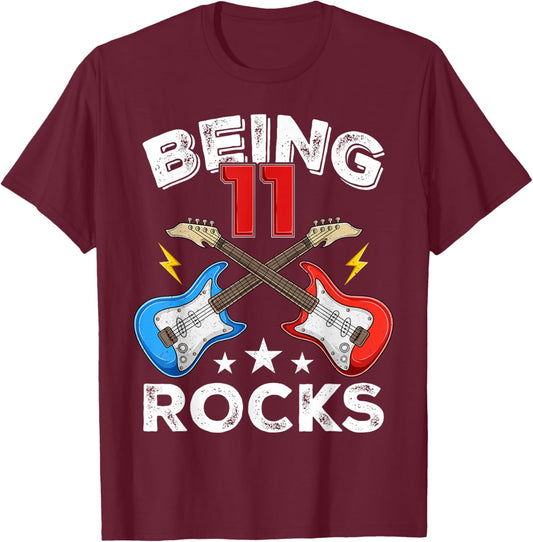 Being 11 Rocks Guitar 11 Year Old Funny 11th Birthday Kids T-Shirt - T-Shirt | Maroon