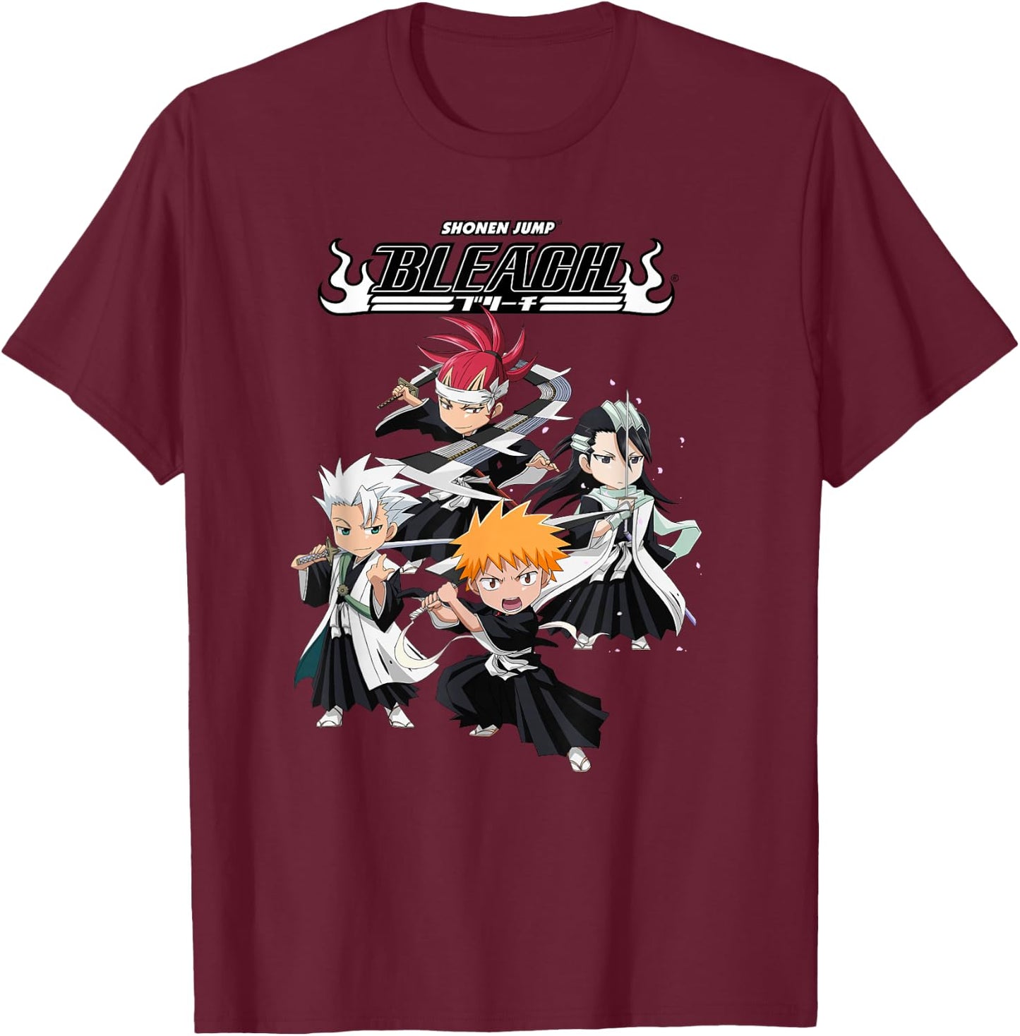 Bleach Super Group Chibi Fight Pose Anime T-Shirt - T-Shirt | Maroon