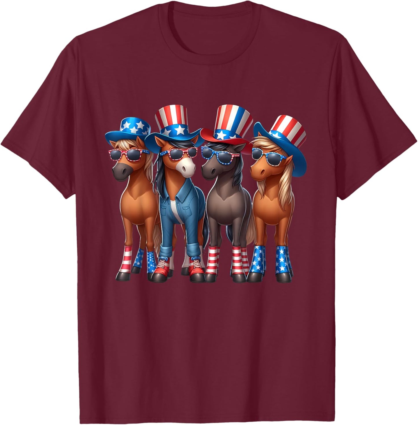 Funny Patriotic US Flag USA 4th Of July Horse T-Shirt - T-Shirt | Maroon