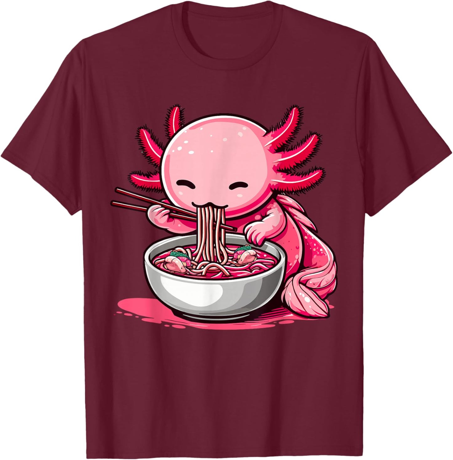 Funny Axolotl Noodle Gifts Anime Kawaii Axolotl Eating Ramen Noodles Kids Teen Adult Black Small T-Shirt - T-Shirt | Maroon