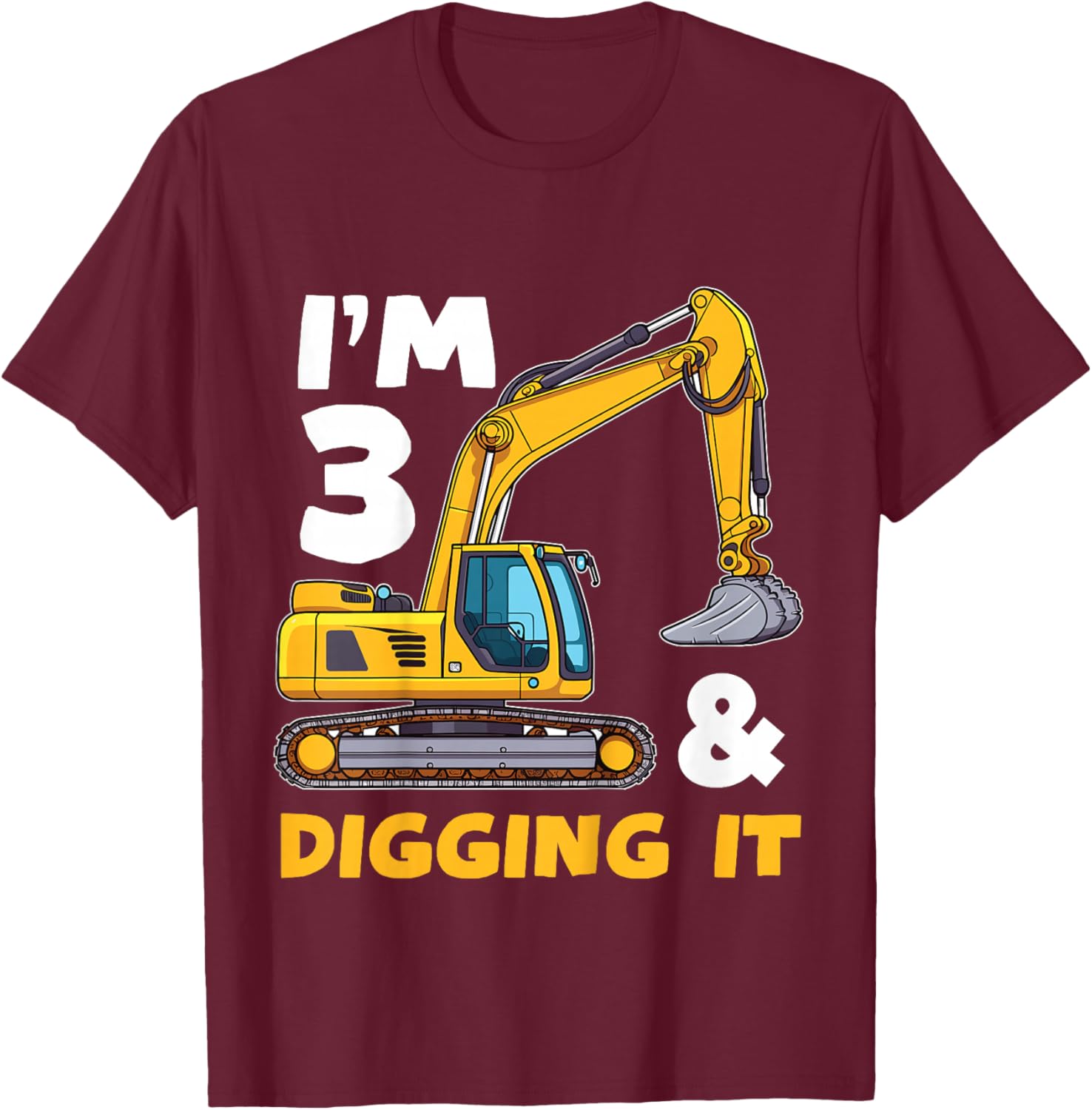 Kids Construction Truck 3rd Birthday Boy Excavator BDay T-Shirt - T-Shirt | Maroon