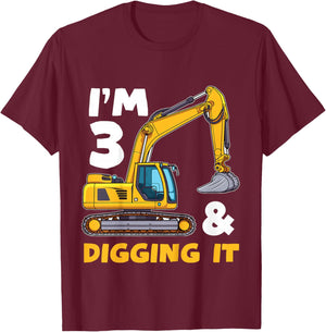 Kids Construction Truck 3rd Birthday Boy Excavator BDay T-Shirt - T-Shirt | Maroon