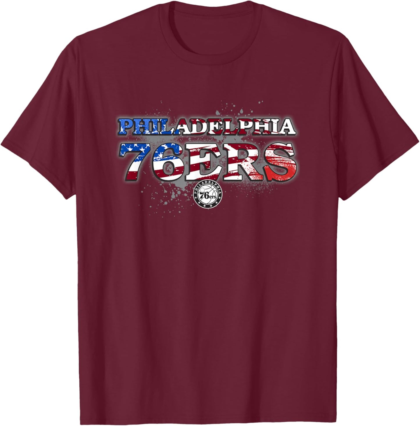 NBA Philadelphia 76ers American Flag Distressed Paint Spill T-Shirt - T-Shirt | Maroon