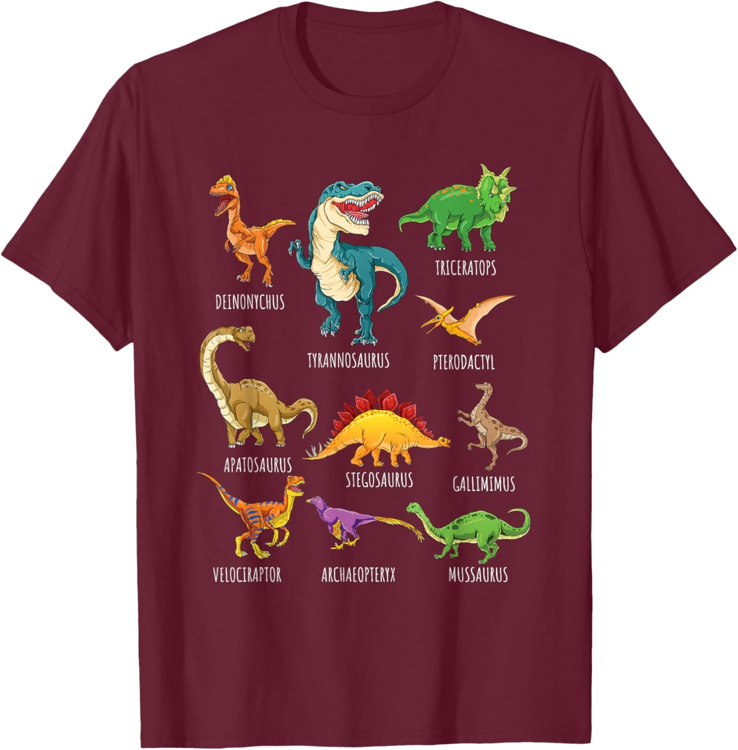 Types of Dinosaurs Graphics Dino Identification Small T-Shirt - T-Shirt | Maroon