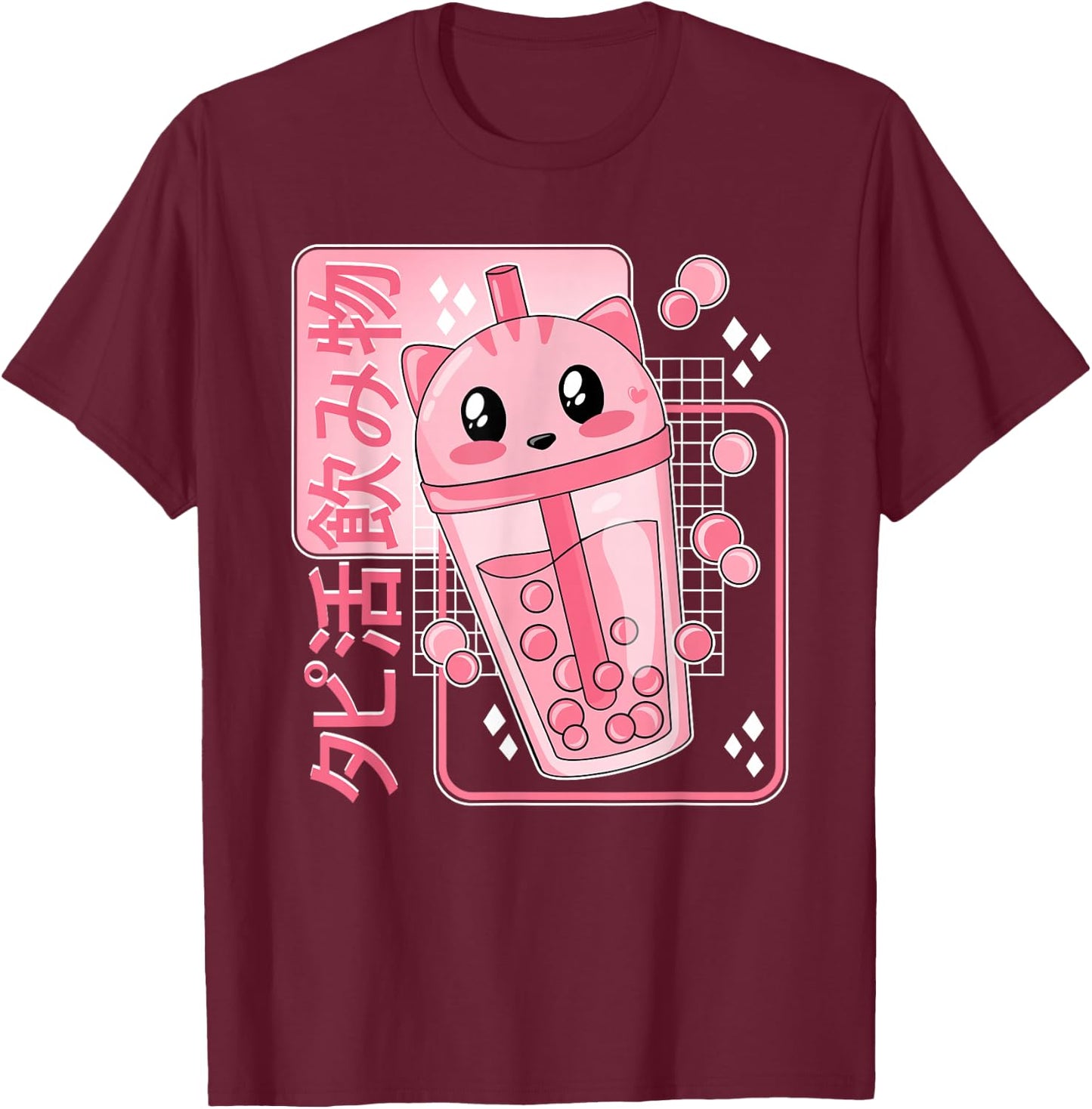Kawaii Boba Tea Cat Bubble Tea Japanese Anime Women Girls T-Shirt - T-Shirt | Maroon