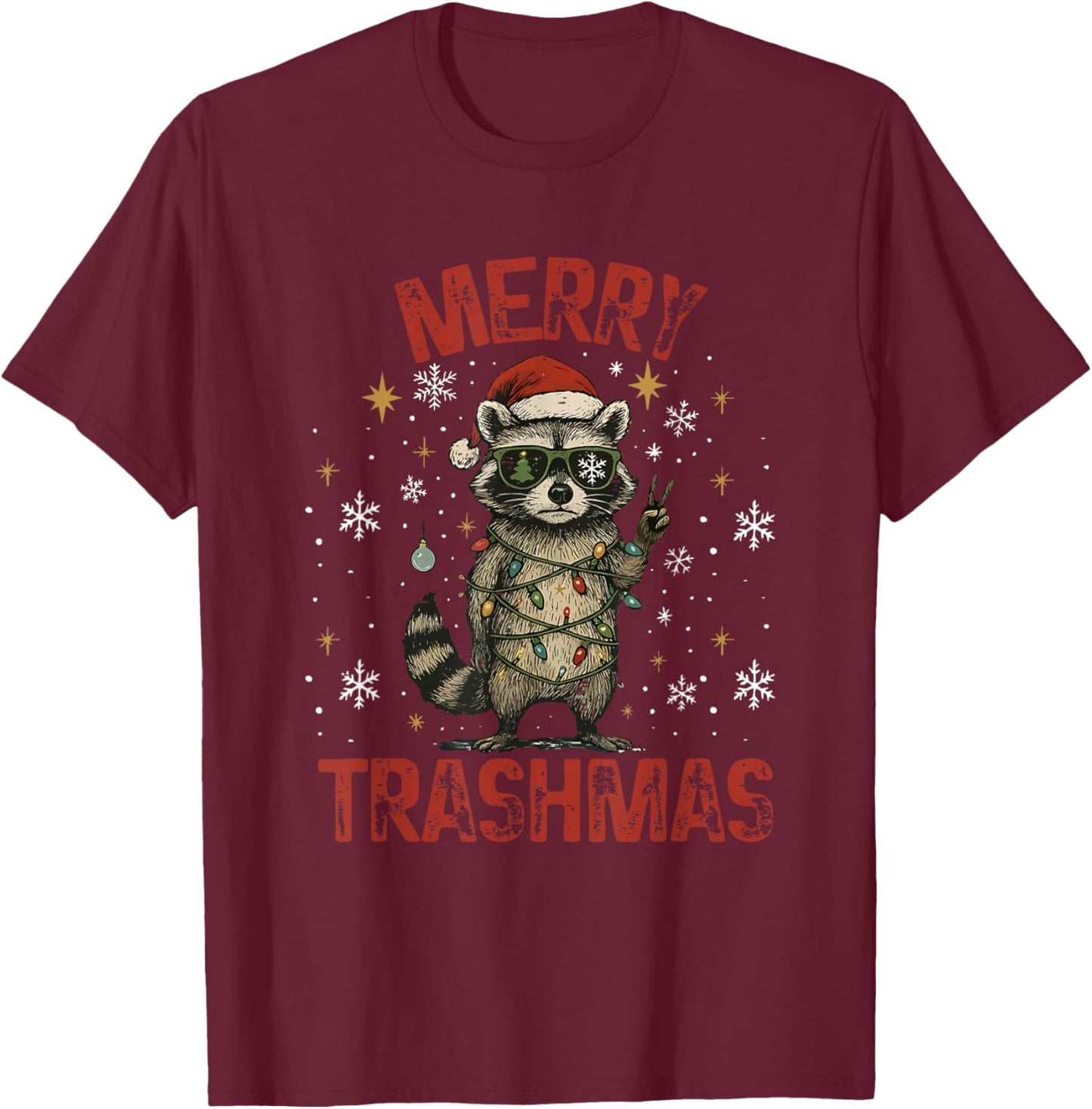 Merry Trashmas Raccoon Christmas Lights Funny Xmas Holiday T-Shirt - T-Shirt | Maroon