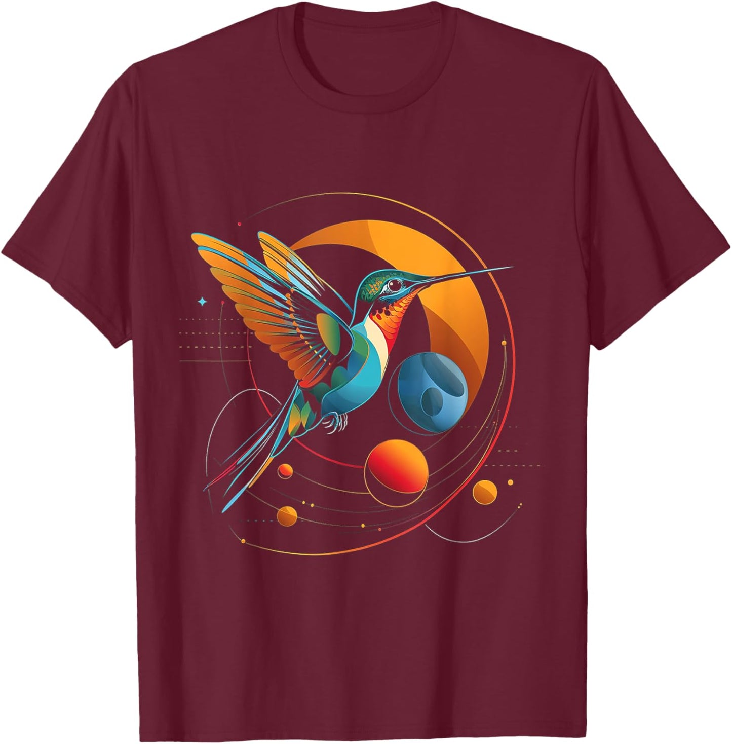 Hummingbird Planets Geometric Fantasy Animal Art Bird T-Shirt - T-Shirt | Maroon