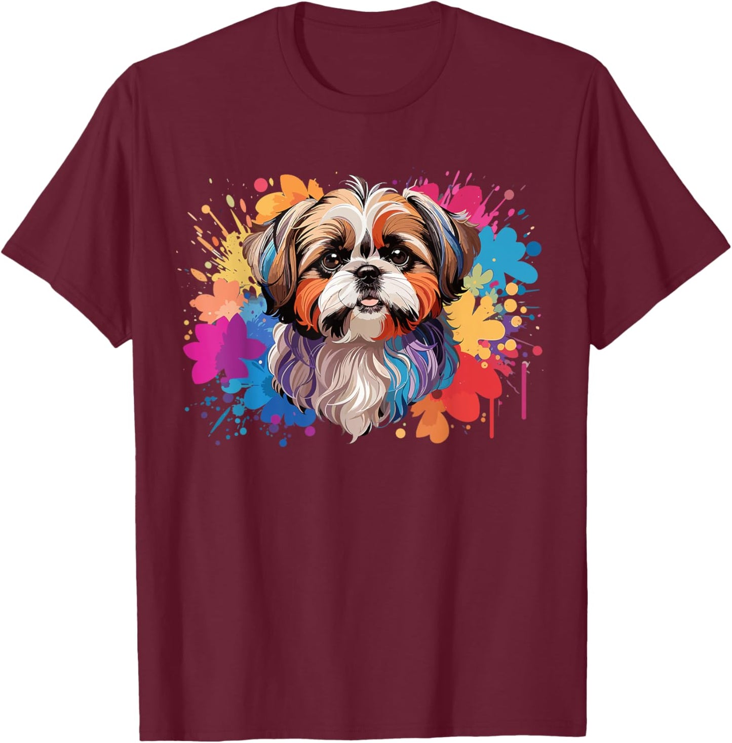 Colorful Splash Art Shih Tzu Portrait ShihTzu Puppy Owners T-Shirt - T-Shirt | Maroon