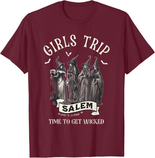 Vintage Girls Trip to Salem Time To Get Wicked Halloween T-Shirt - T-Shirt | Maroon