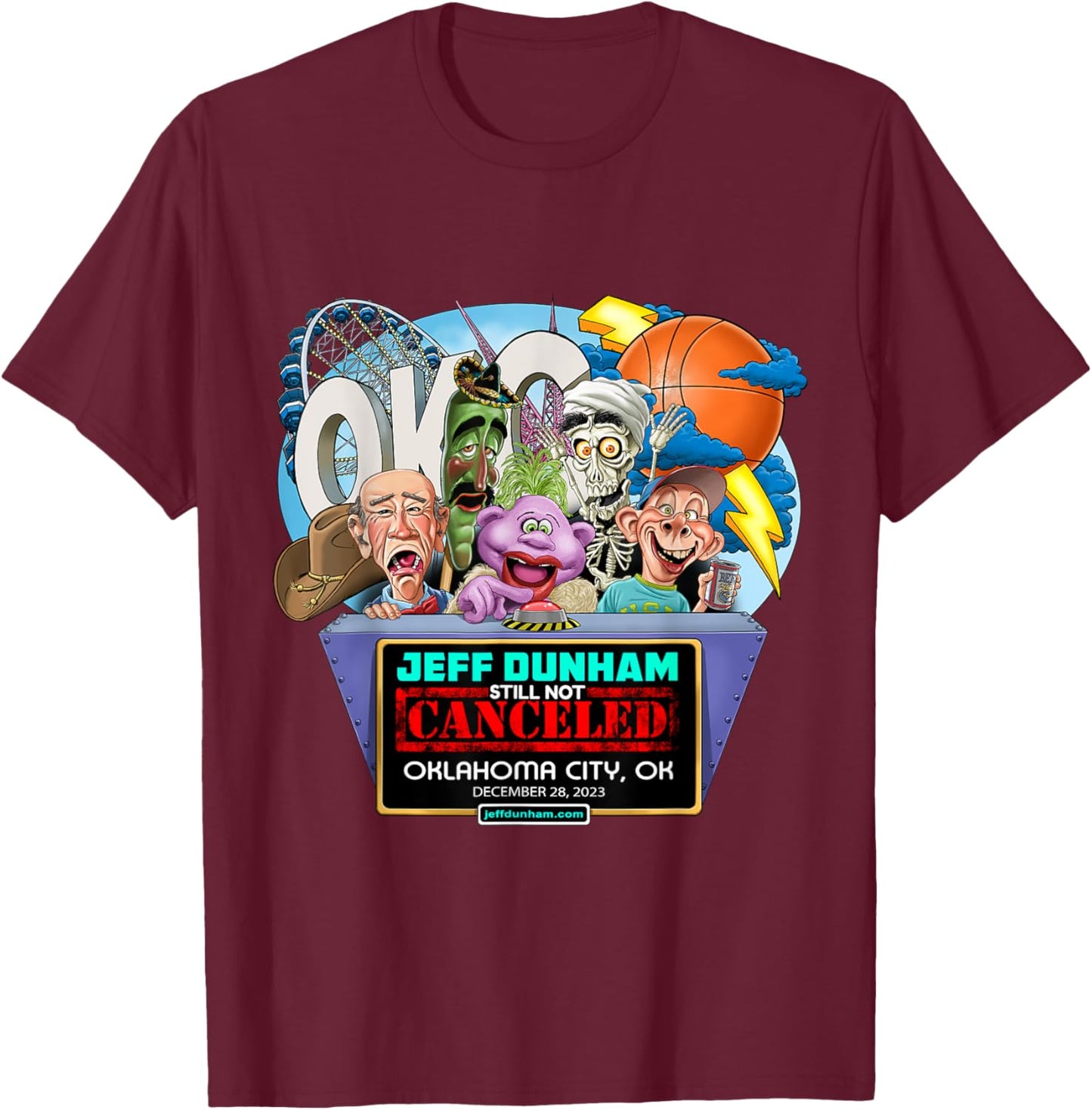 Jeff Dunham Oklahoma City, OK (2023) T-Shirt - T-Shirt | Maroon