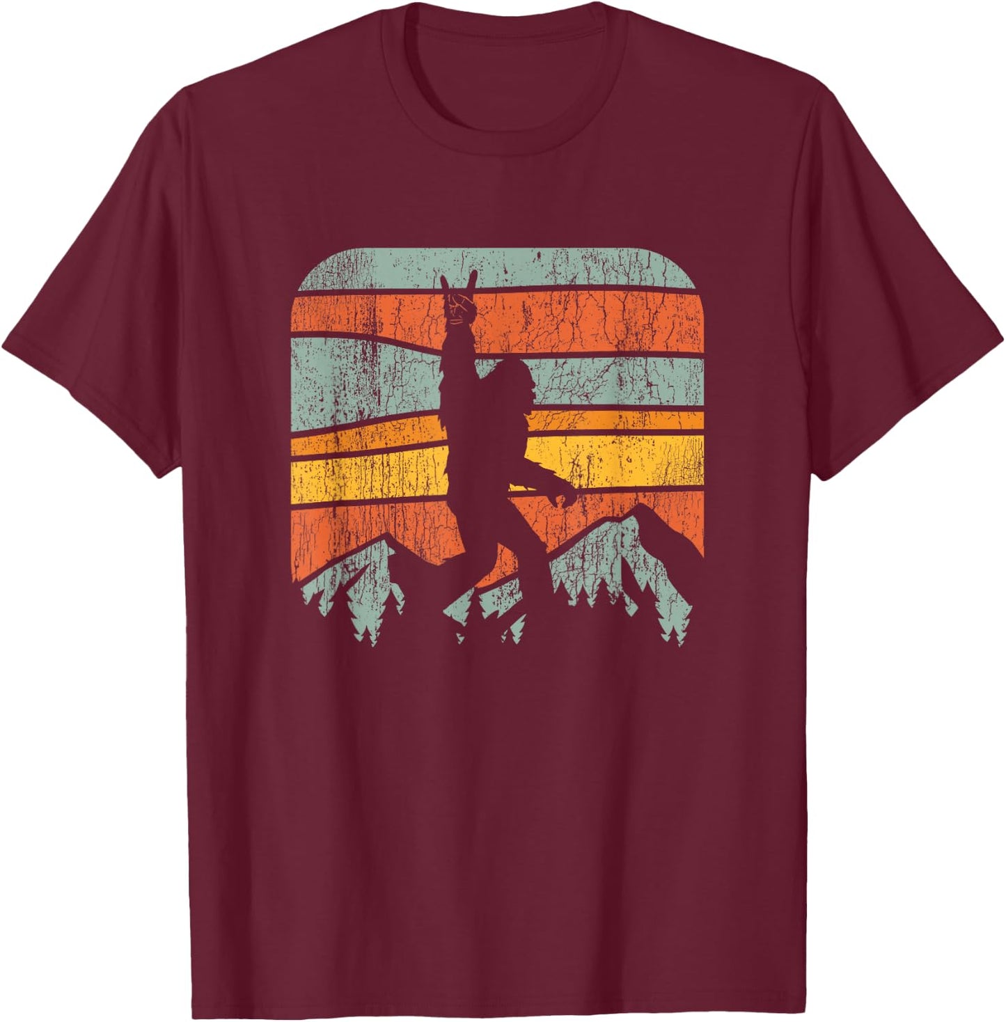 Bigfoot Rock and Roll Retro Mountain Sunset Sasquatch Gift T-Shirt - T-Shirt | Maroon