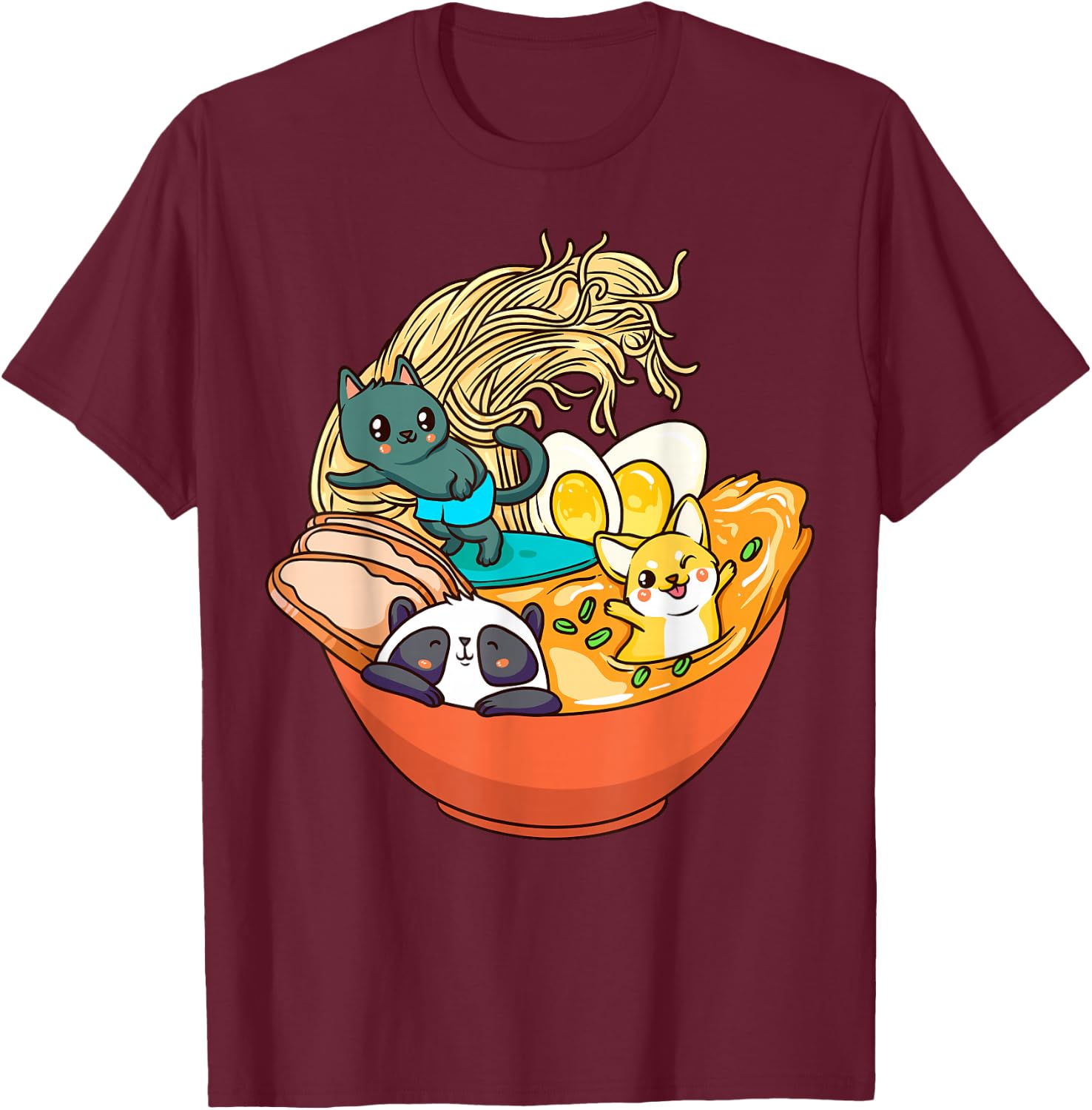 Cute Kawaii Cat Ramen Bowl Japanese Anime Panda Dog Noodle T-Shirt - T-Shirt | Maroon