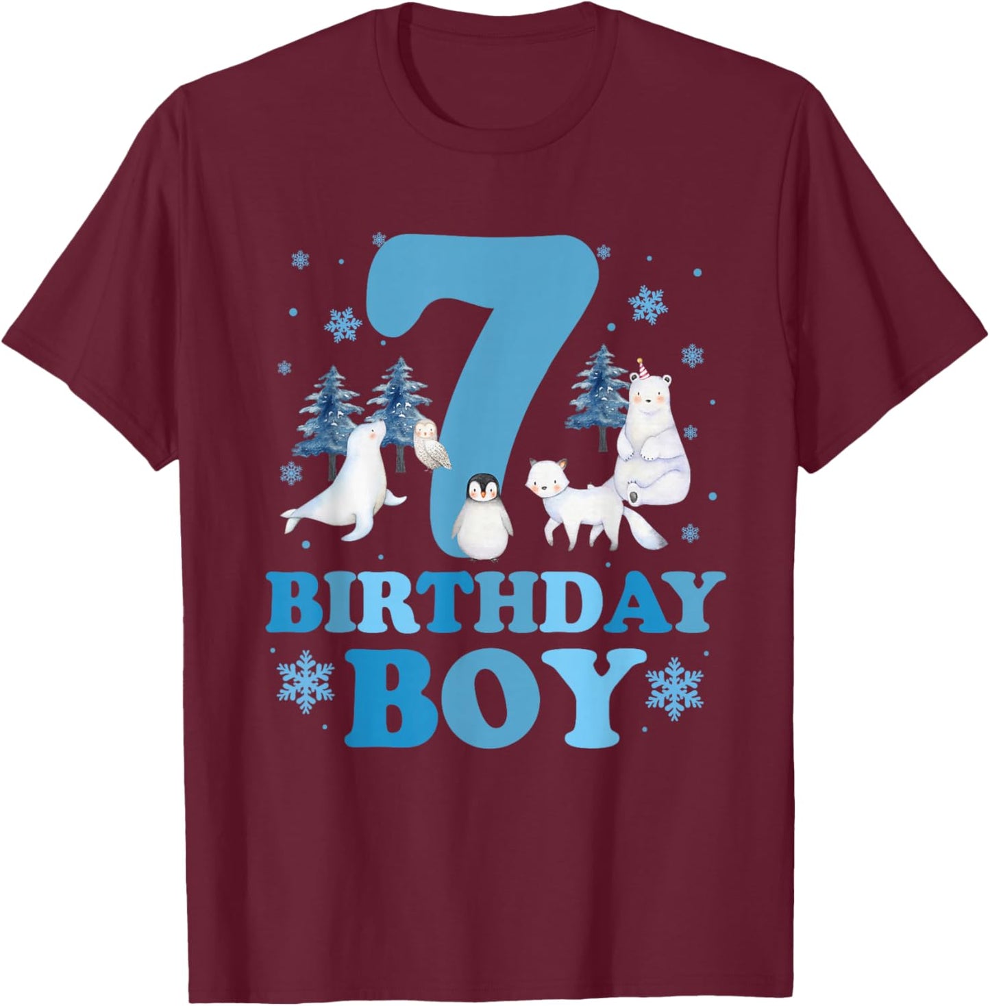 Winter 7th Birthday Boy Arctic Animals 7 Year Old Birthday T-Shirt - T-Shirt | Maroon