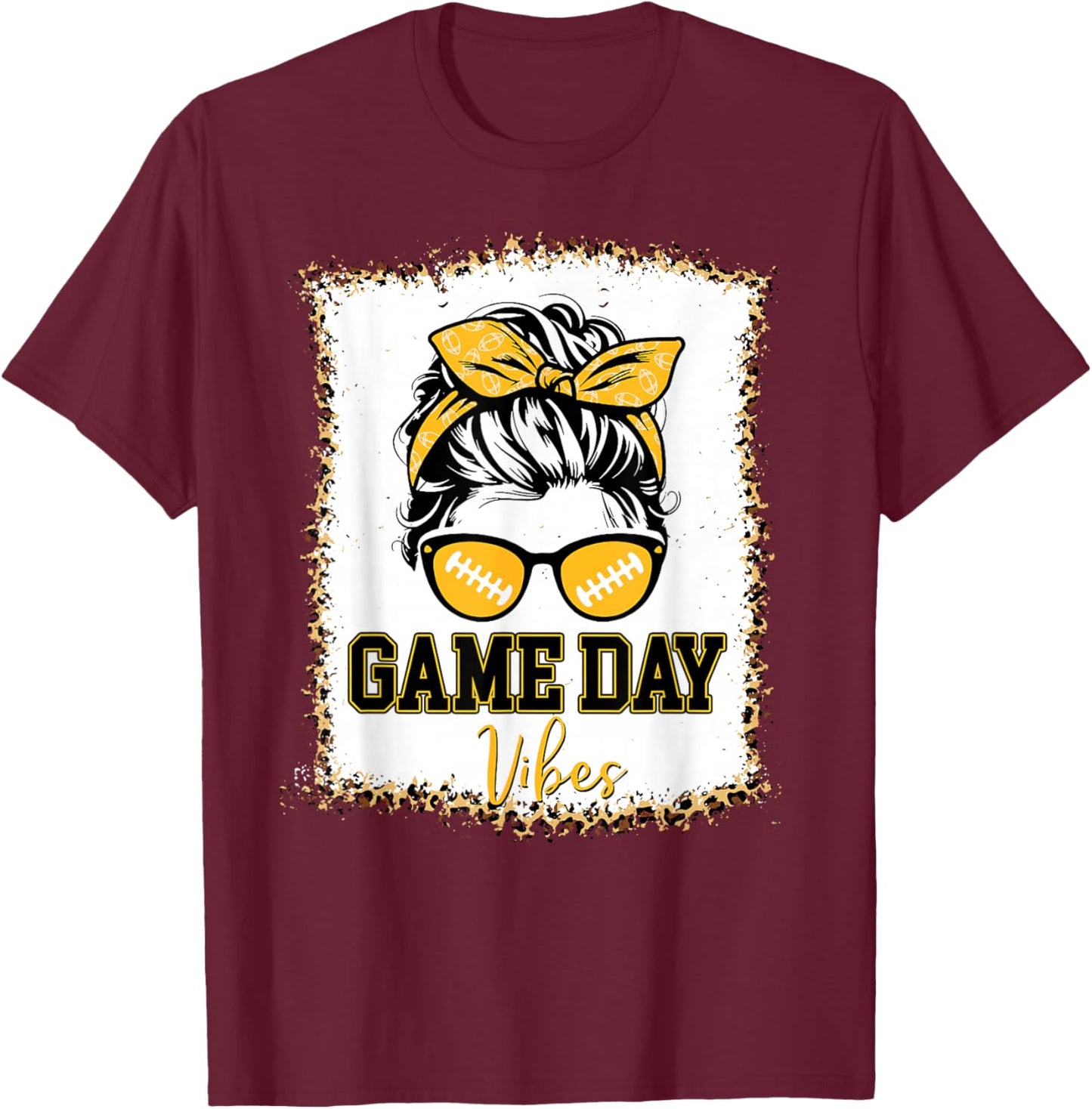 Black Gold Game Day Vibes Football Women Leopard Print T-Shirt - T-Shirt | Maroon