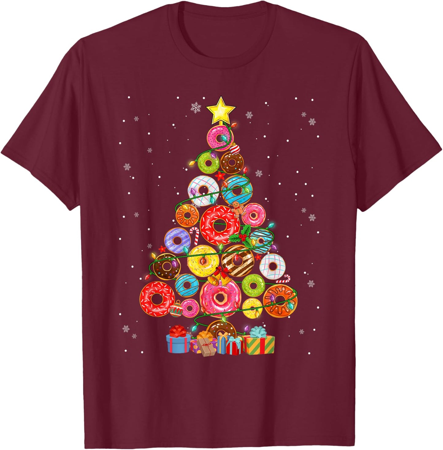 Funny Donuts Christmas Tree Lights Xmas PJS Boys Kids Girls T-Shirt - T-Shirt | Maroon