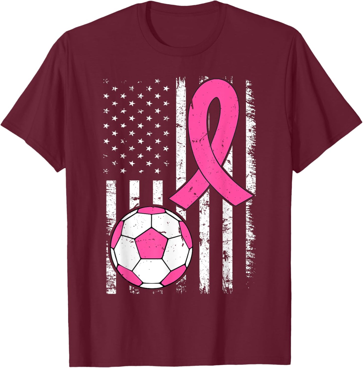 Soccer Ball Ribbon US Flag Breast Cancer Awareness Pink T-Shirt - T-Shirt | Maroon