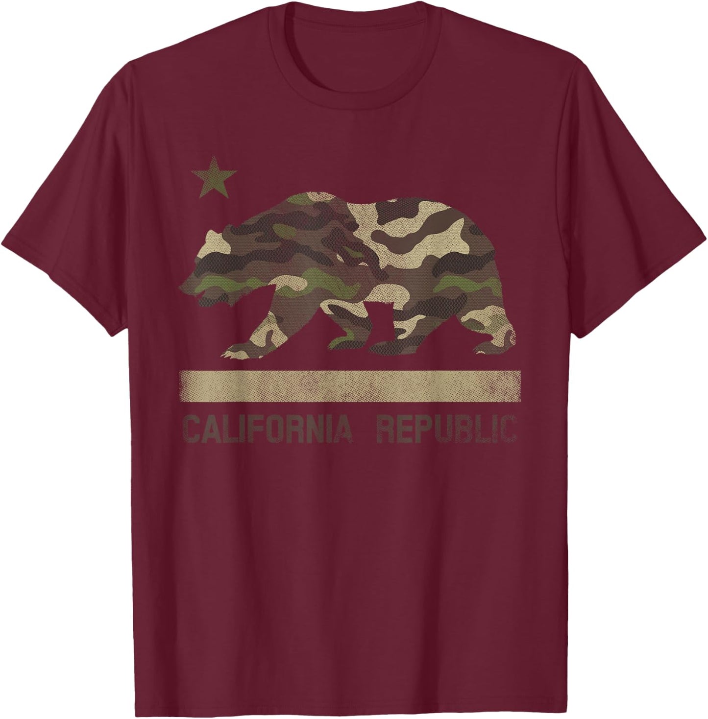 Camouflage California Republic Flag Bear Star Cali LA T-Shirt - T-Shirt | Maroon