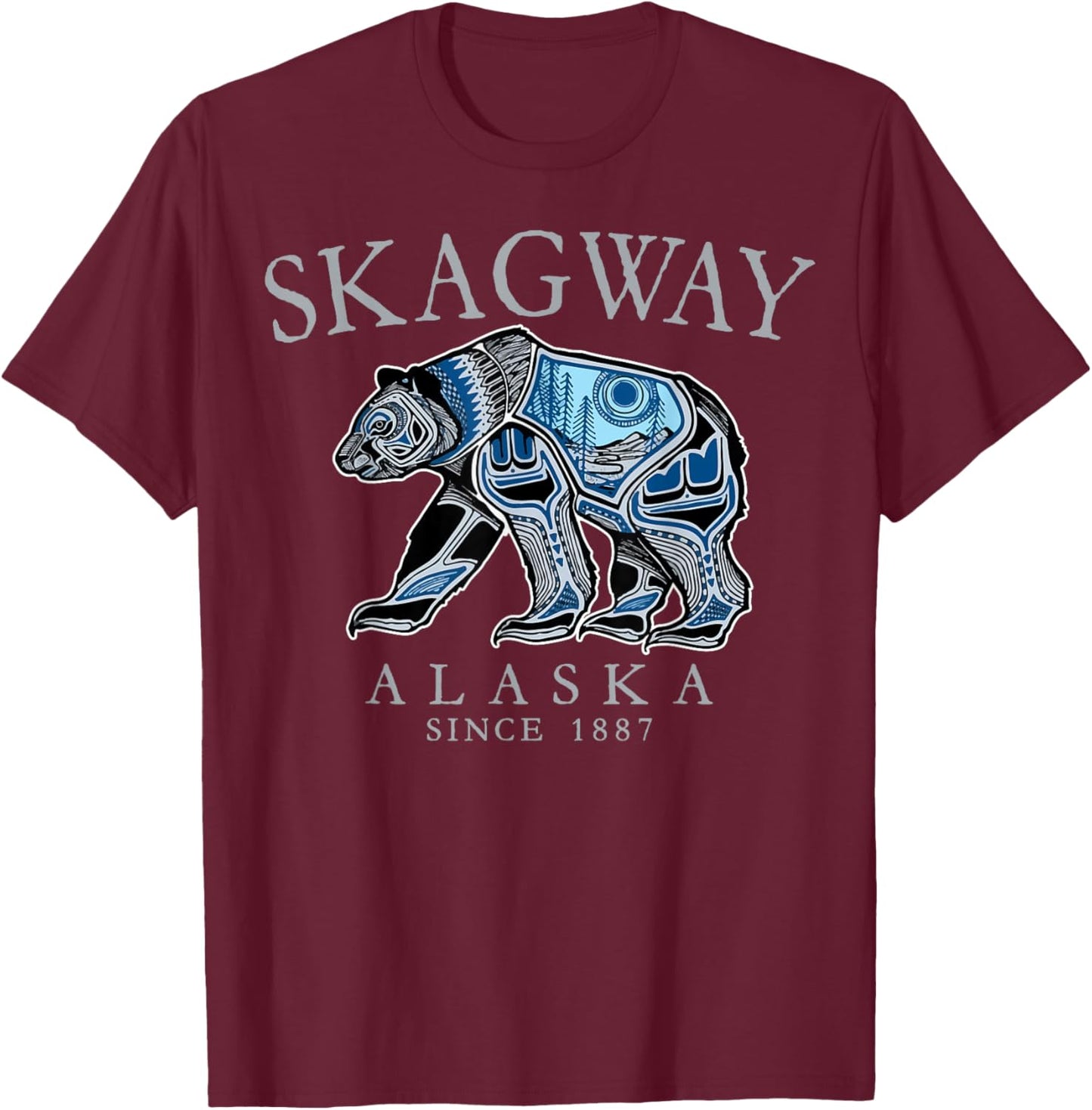 Skagway Alaska Tribal Art Bear Since 1887 Grey Letters T-Shirt - T-Shirt | Maroon