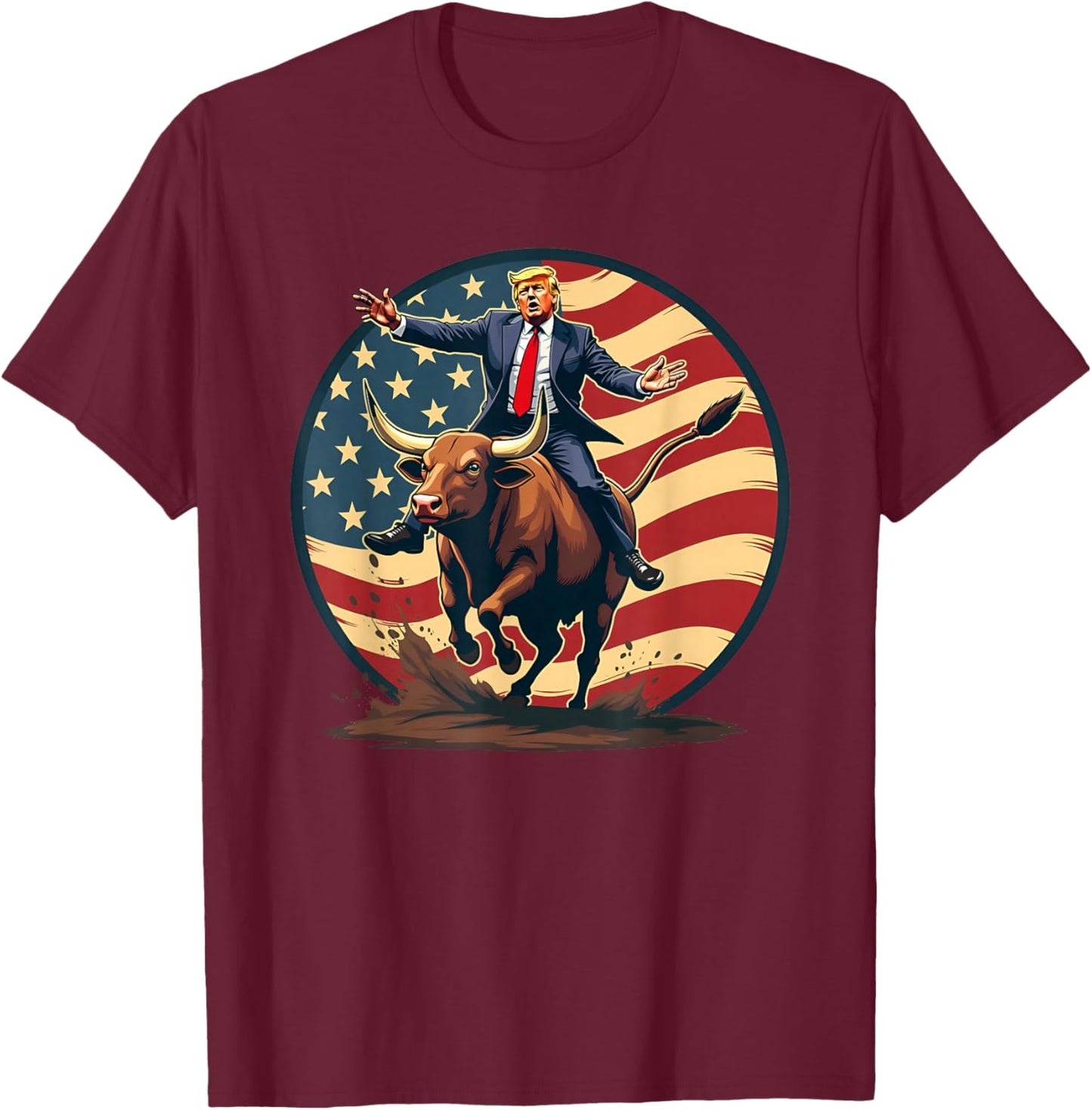 Trump Bull Rider American Flag USA Riding Rodeo Cowboy T-Shirt - T-Shirt | Maroon