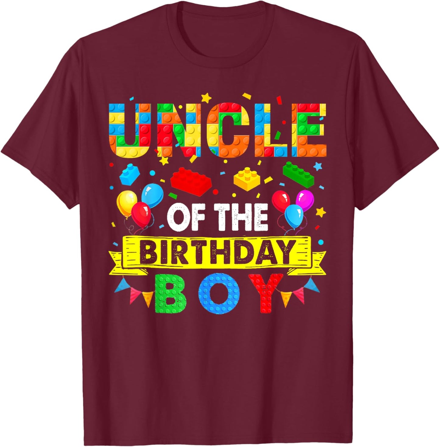 Uncle Of The Birthday Boy Master Builder Blocks Building T-Shirt - T-Shirt | Maroon
