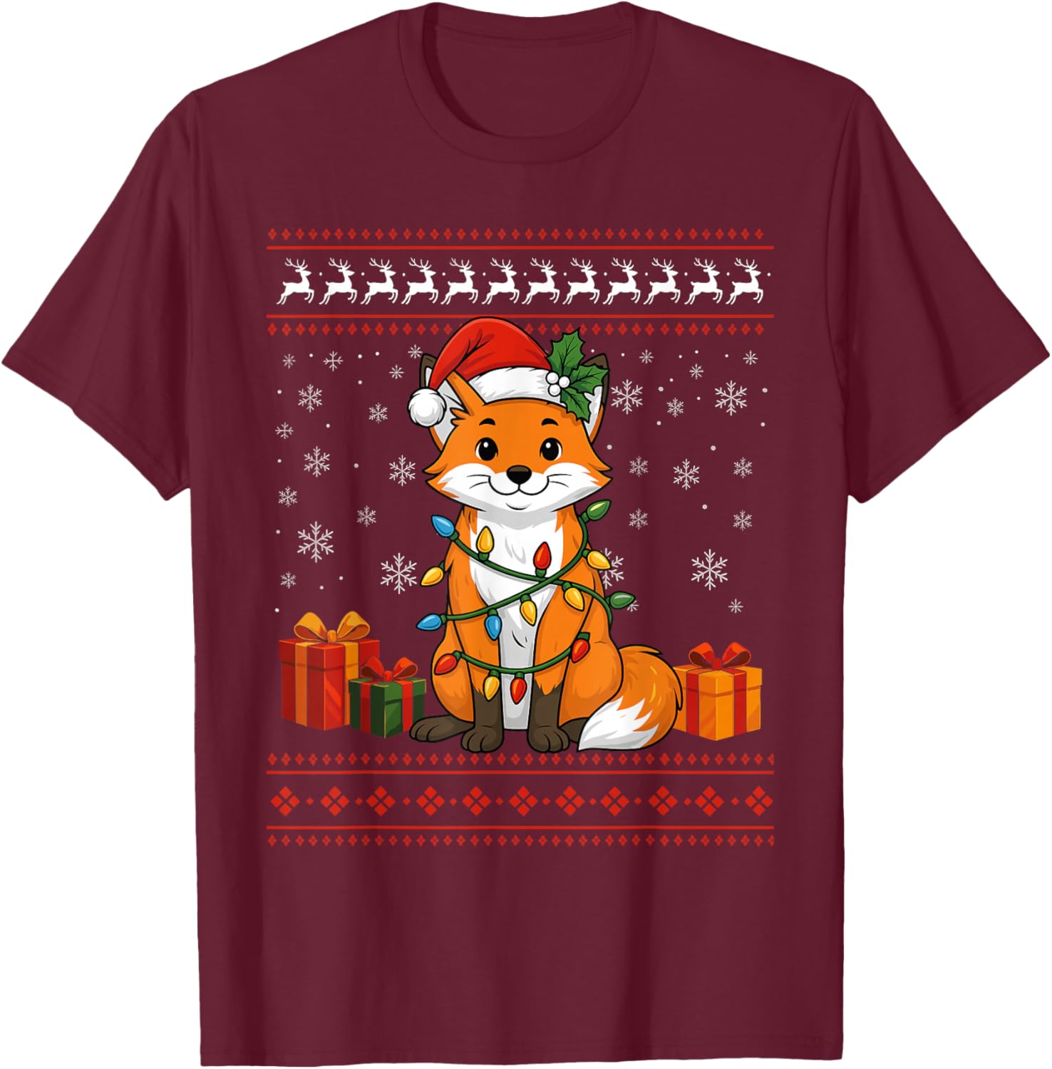 Fox Christmas Ugly Sweater Fox Graphic T-Shirt - T-Shirt | Maroon