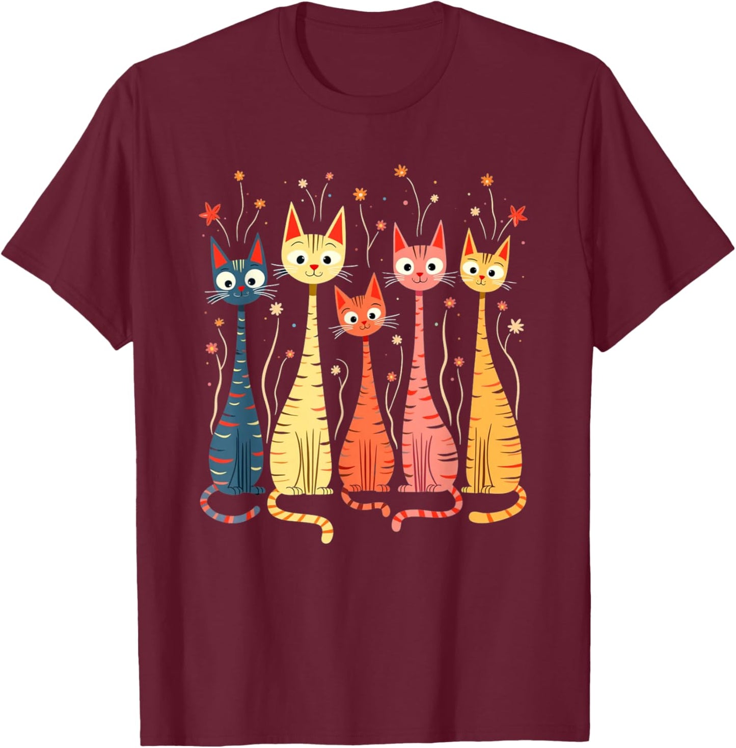 Cute Vintage Retro Mid-Century Long Neck Cats T-Shirt - T-Shirt | Maroon