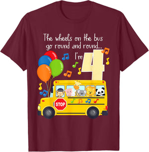 The Wheels On The Bus 4th Birthday 4 Yrs Old Family Matching T-Shirt - T-Shirt | Maroon