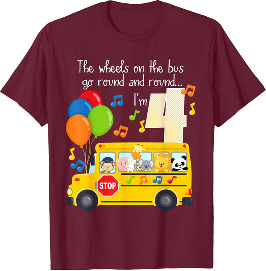 The Wheels On The Bus 4th Birthday 4 Yrs Old Family Matching T-Shirt - T-Shirt | Maroon