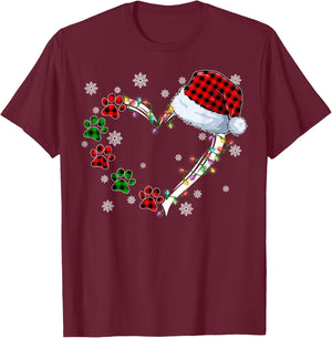 Funny Dog Cat Paws Print Heart Santa Hat Christmas Pajamas T-Shirt - T-Shirt | Maroon