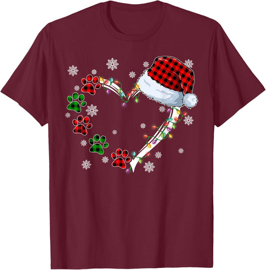 Funny Dog Cat Paws Print Heart Santa Hat Christmas Pajamas T-Shirt - T-Shirt | Maroon
