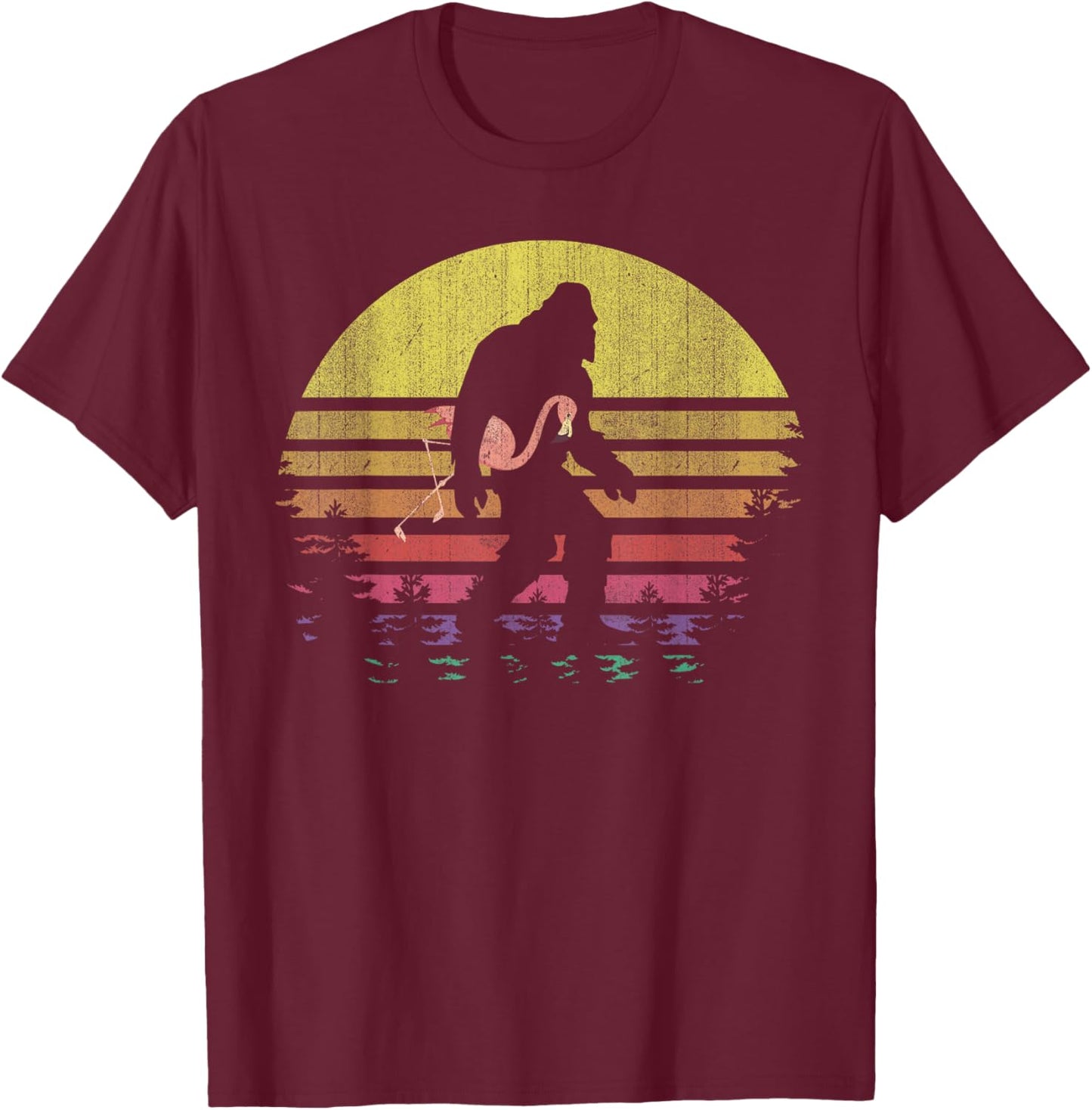 Bigfoot Flamingo Yeti Sasquatch Vintage Sunset T-Shirt - T-Shirt | Maroon