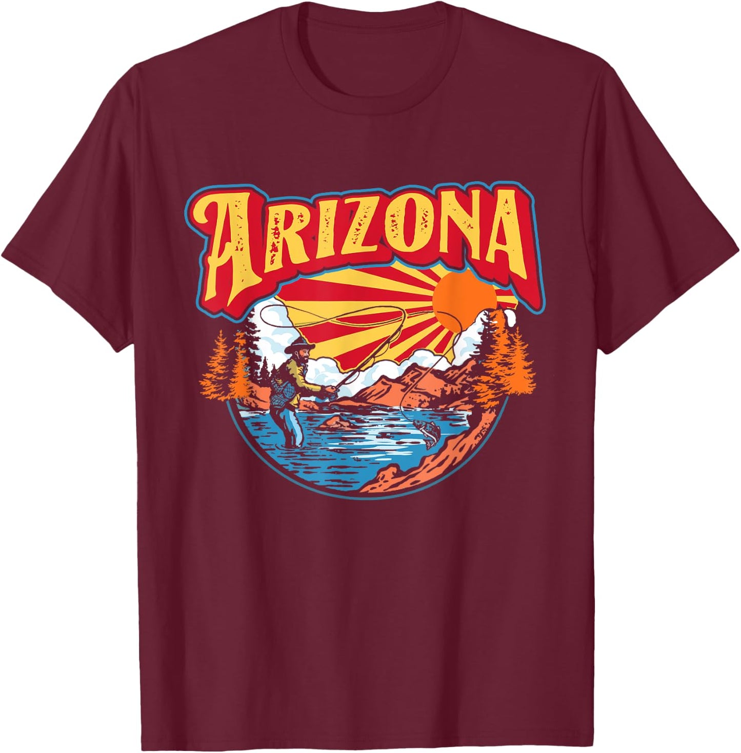 Arizona Fly Fishing AZ State Flag Trout Fisherman Vintage T-Shirt - T-Shirt | Maroon