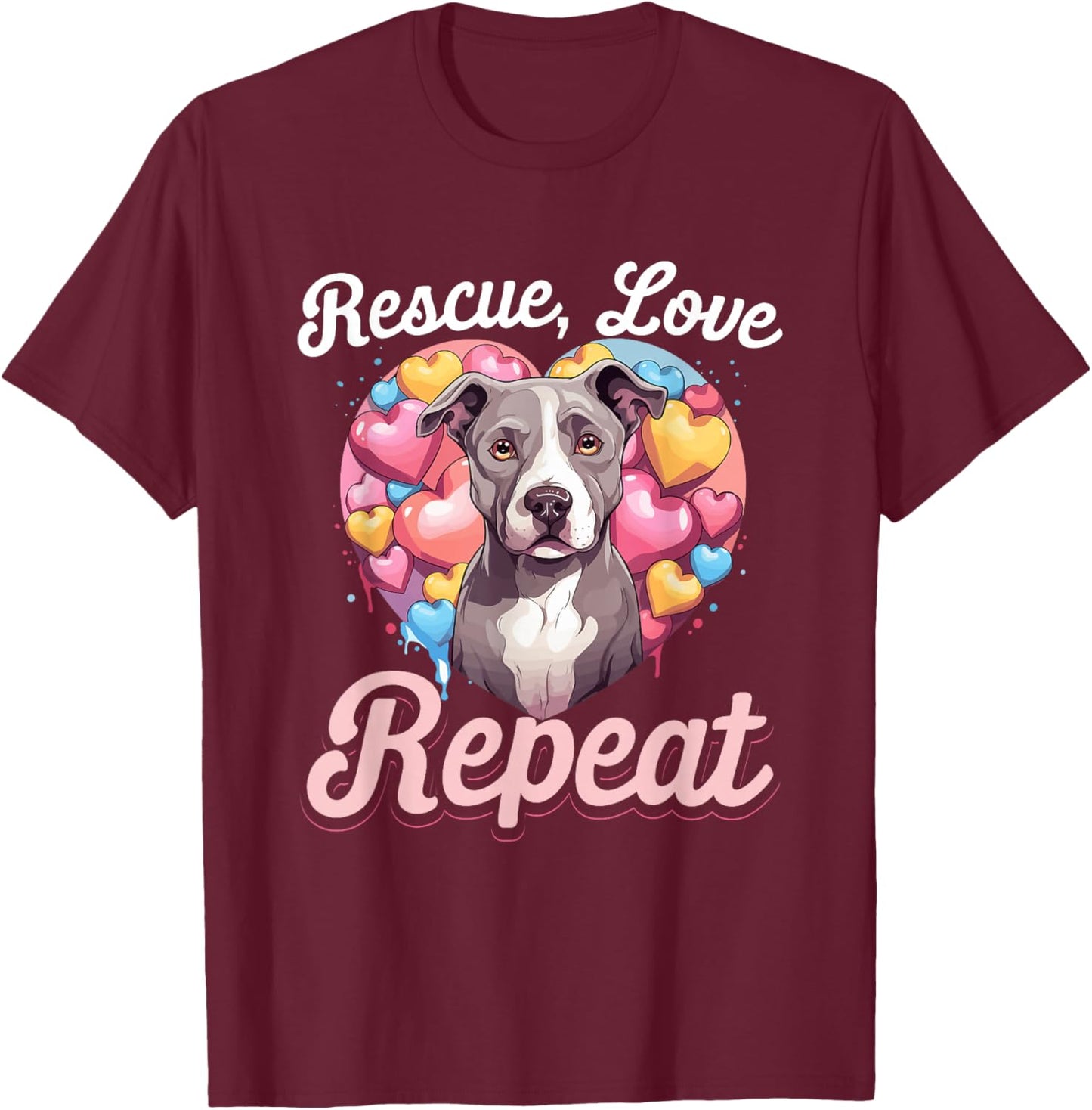 Pitbull Pittie - Rescue Love Repeat T-Shirt - T-Shirt | Maroon