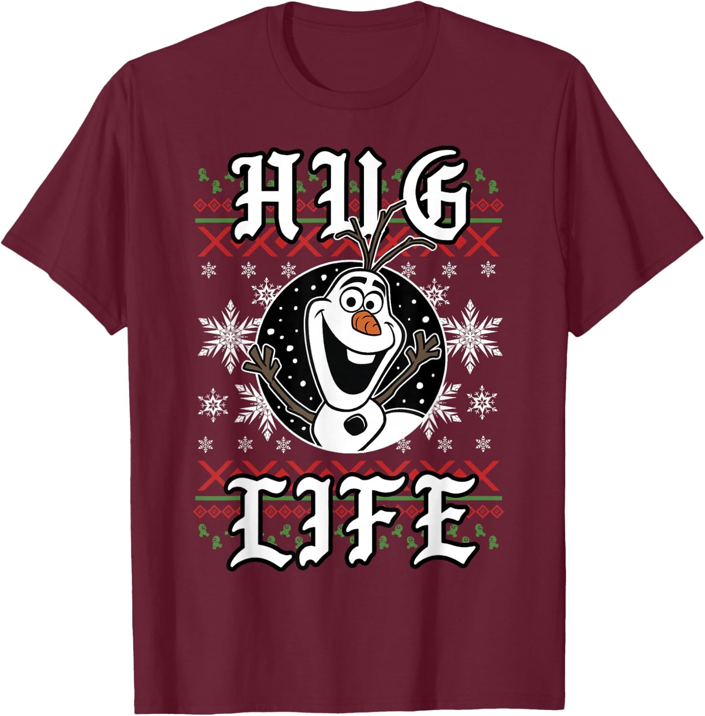 Disney Frozen Olaf Hug Life Ugly Christmas Sweater Style T-Shirt - T-Shirt | Maroon